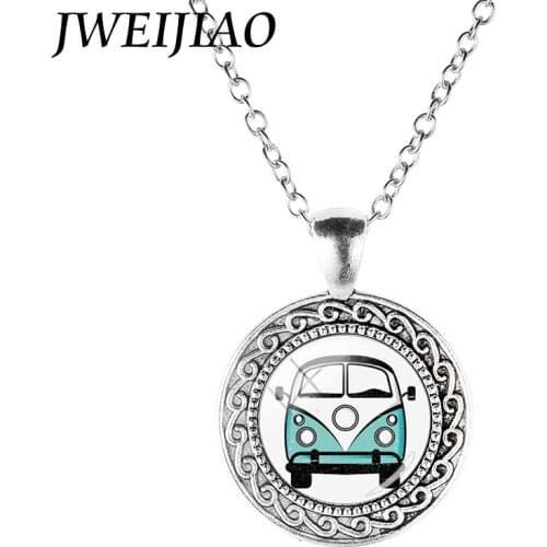 JWEIJIAO Vintage Peace Sign Logo Van Bus Necklace High Quality Round Metal Pendant Chokers Link Chains Necklace Jewelry CT110
