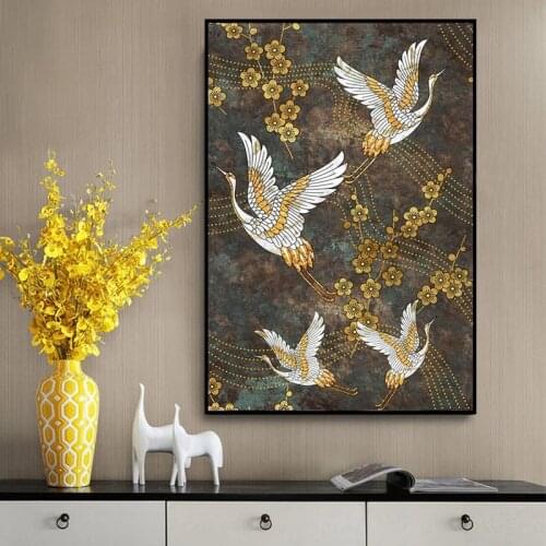 Ancient Chinese Style Golden Flower Crane Canvas Painting Animal Abstract Decoration Poster Wall Aesthetics Room Decoration