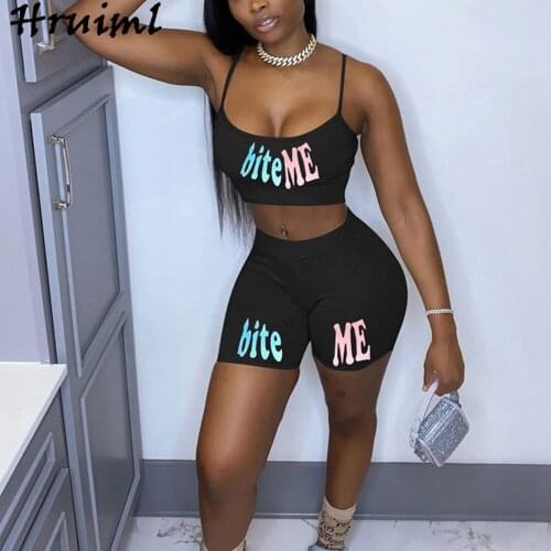 2Piece Pjs Sets Womens Outfits Fashion Letter Print Sexy Sling Sleeveless Crop Top Bodycon Shorts Pants Set Sportswear Clothes