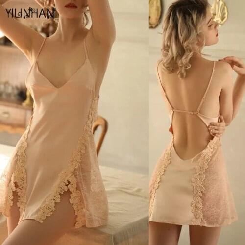 YILINHAN Girl Lace Sleepwear Woman Ice Silk Suspender Sleeping Dress Side Split Hot Lingerie Beautiful Back Tempting Nightdress