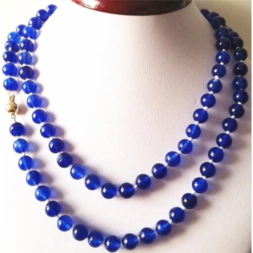Fashion beautiful blue jades 8mm round beads semi-precious stone chalcedony chain necklace elegant jewelry 36inch MY4675