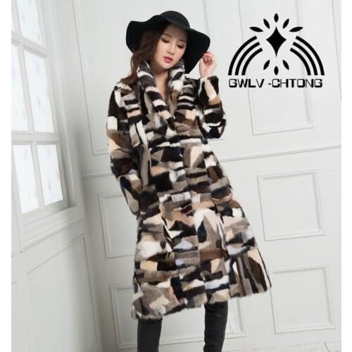 Genuine real natural mink fur coat women x-long multi-color jacket ladies colorful 100CM long outwear overcoat for girl
