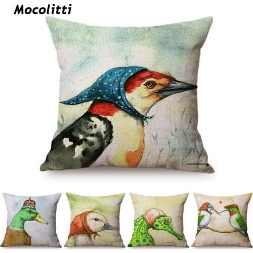 Nordic Watercolor Art Cute Animal Print Home Decorative Throw Pillow Cover Chick Bird Seahorse Cotton Linen Sofa Cushion Cover
