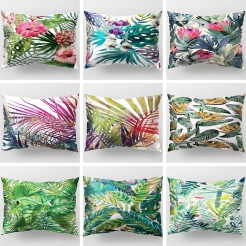 50x30cm Tropical Plants Green Leaves Monstera Cushion Covers Hibiscus Flower Cushion Cover Decorative Beige Linen Pillow Case