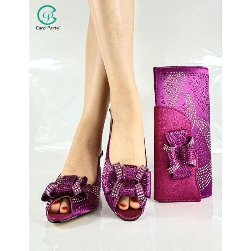 New Arrival Magenta Color Mid Heels Italian Design Nigerian Women Shoes and Bag Set Decorated With Narrow Band and Cross-tied