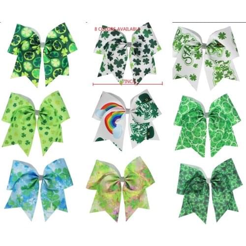 New St. Patricks Day cheer bows Elastic Rope 7Inch Hair Bows Hair Bands Kid Girls Hair Accessories Drop shipping