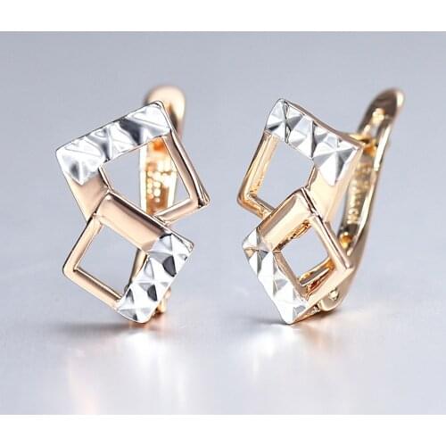 Davieslee 585 Rose Gold Earrings for Women Girls White Gold Color Double Squares Dangle Huggie Earrings Best Gift DGE292