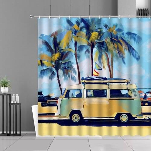 Summer Beach Scenery Shower Curtains Coconut Tree Ship Starfish Wood Grain Print Bathroom Curtain Waterproof Home Decor Cloth