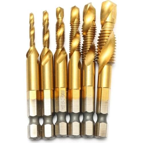 Drillpro 6pcs M3-M10 Hexagon Shank Drill Tap Bit Titanium Plated HSS 6542 Deburr Countersink Bits Screw Thread Metric Tap