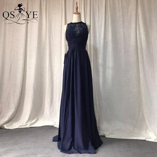 QSYYE Navy Chiffon Bridesmaid Dress Lace Long Prom Dress Wide Waistline Wedding Guest Gown Pleat Zipper up Back Evening Gowns