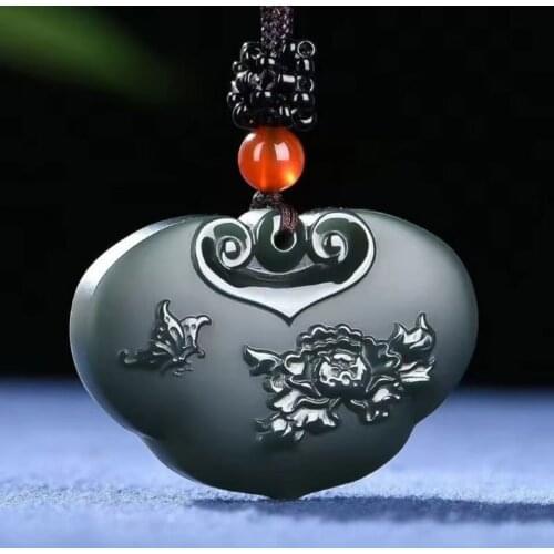 Magical Lock Shape Amulet Pendant Real Bottle Green Jade Butterfly Peony Hanging Churinga Bless Talisman