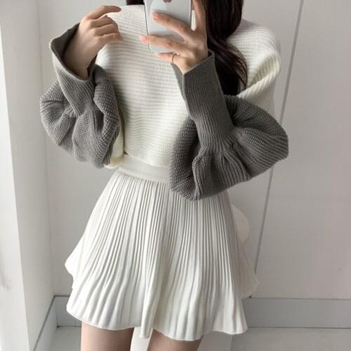 Casual O-neck Knitted Female Tops Autumn Lantern Sleeve Fashion Jumpers Women New Winter Loose Warm Patchwork Short Sweaters