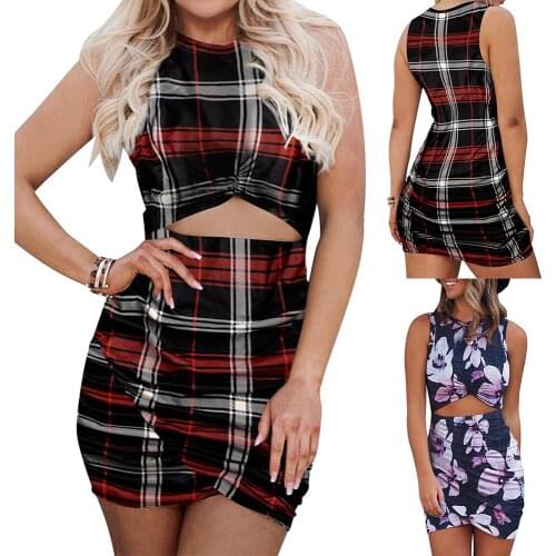 Women Sexy Mini Tank Dress Plaid Floral Printed Hollow Out Sleeveless Dress Round Neck Sundress Office Business Ol Dress D30