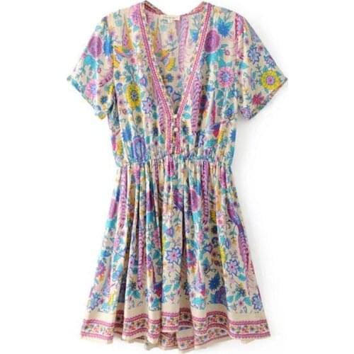 Summer Vintage Birds Floral Print Casual Boho Mini Dress 2021 Women V-Neck Short Sleeve Beach Dresses Vestidos Mujer