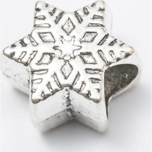 10Pcs/Lot snowflake Antique Silver Color DIY Zinc alloy Big Hole Spacer Bead Charm Fits Jewelry making Bracelet js1046