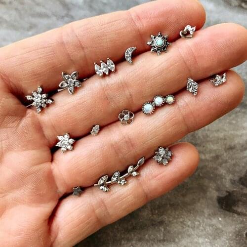 14 Pcs/Set Women Fashion Sun Stars Moon Flowers Leaves Crown Heart Silver Color Earrings Exquisite Hollow Crystal Earrings Set