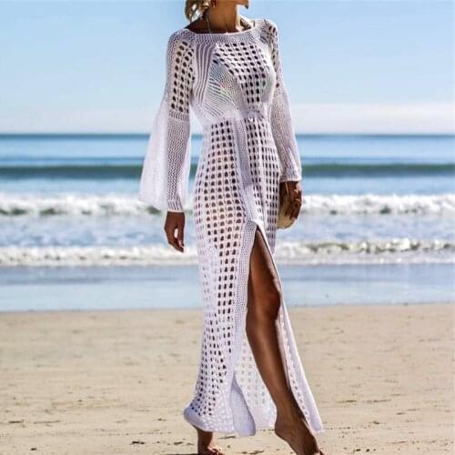2019 Sexy Crochet White Beach Cover up Dress Women Tunic Split Swimsuit Beachwear Knitted Bikini Cover-up Long Beach Dress