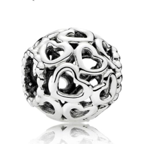 5PCS Ancient Silver Color Bead European Heart Hollow Charm Fashion Zinc Alloy Round Hole Bead Fit DIY Bracelet Necklace