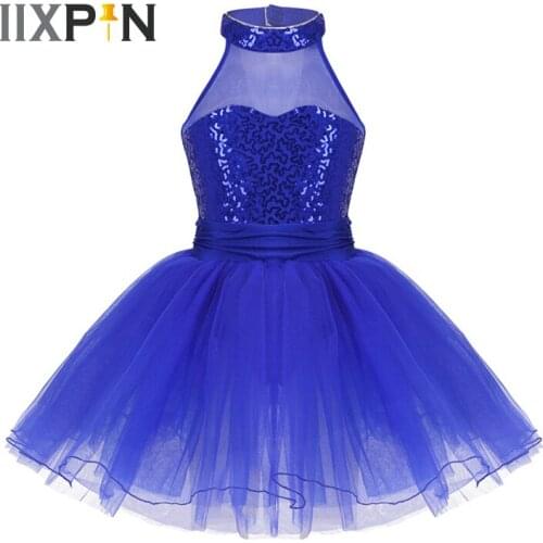 Kids Girls Ballet Dress Tutu Ballet Leotards For Girl Dance Sleeveless Mesh Splice Sequins Ballet Dance Dress Gymnastics Leotard