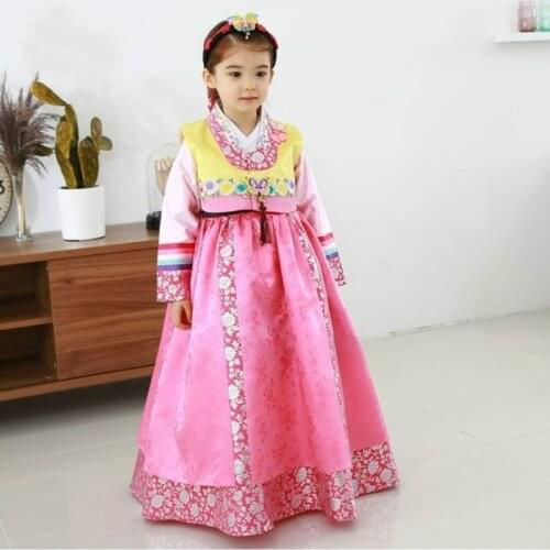 Children Korean Embroidery Dress Long Sleeve Girl Hanbok Costume Ethnic Dance Traditional Cute Cosplay Tailored + Free Shipping