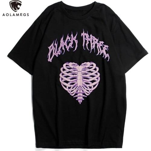 Aolamegs Mens T-Shirts Summer Oversized T-shirt Gothic Letter Skeleton Printed Tee Shirt High Street Harajuku Streetwear Couple