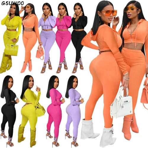 GSUWOO Autumn Womens Casual Sports Two-piece Sets Long Sleeve Drawstring Hooded Crop Zipper Coat and Leggings Outfits