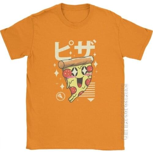 Kawaii Pizza T Shirts For Men Pure Cotton Vintage T-Shirts Round Collar Cute Food Japanese Tee Shirt Camisetas Clothing Printed