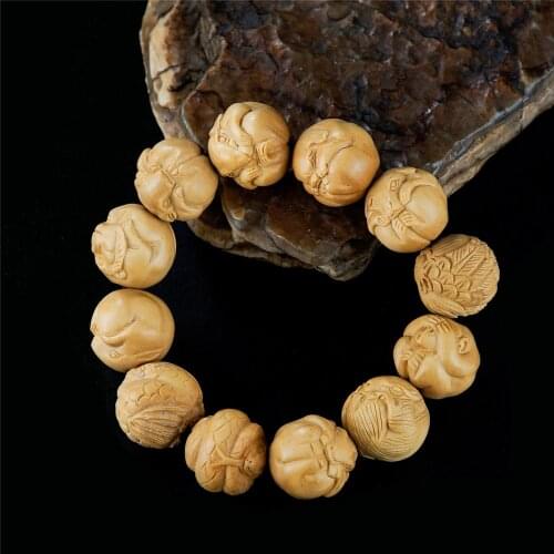 CCZHIDAO Chinese Zodiac Bracelet Feng Shui Boxwood Carved Wooden Handmade Hand Carved Handicrafts Blessed Buddha Beads Craft
