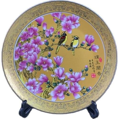 Chinese Old Porcelain Pink Flower And Bird Pattern Gold Edge Plate