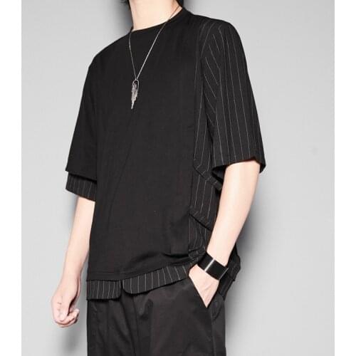 Free shipping New Mens Male Summer striped fake two-piece T-shirt personality dark loose asymmetric casual stitching bottoming