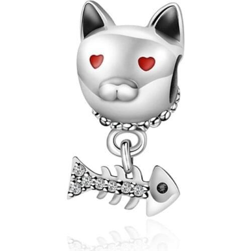 2020 NEW 100% 925 Sterling Silver New Cute Cat and Fish Bone Charm Beaded Original Jewelry Charming Women Jewelry 11081-11100