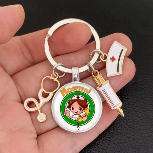 New fashion creative nurse medical syringe stethoscope image keychain glass cabochon and glass dome key ring pendant gift