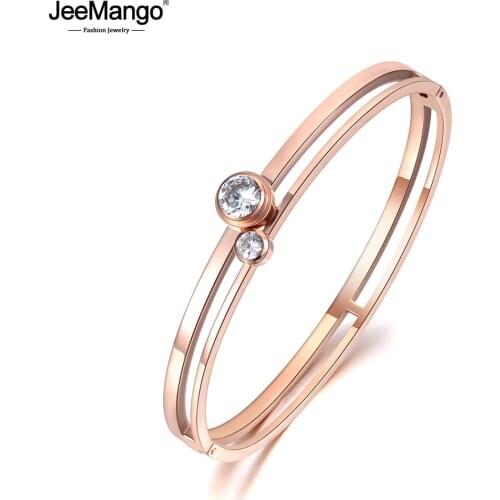 JeeMango Stainless Steel 2pcs Round Cubic Zirconia Cuff Engagement Bangles Bracelets Lovers Jewelry Valentines Day Gift JB19029