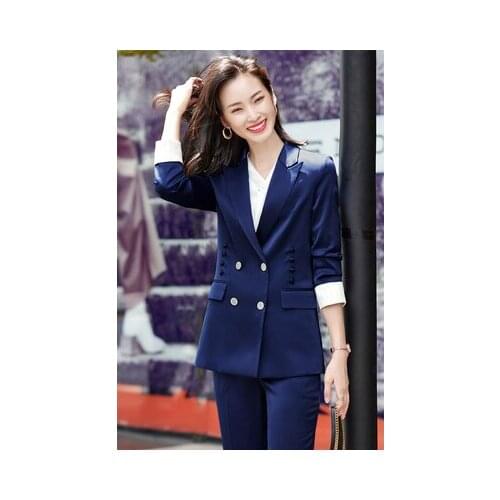 Autumn Fashion 2 Pieces Pant Suits For Women Professional Double Breasted Casual Business Suits Ladies Work Wear Plus Size 4xl