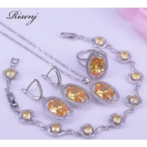 Risenj Sparking Yellow Top Zircon 925 Silver Color Jewelry Set For Women Earrings Ring Necklace Bracelet Set Bridal Jewelry