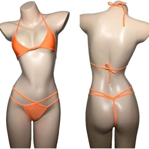 Sexy Women Orange Micro Mini Halter Bra Top and Matching G-String Micro Bikini Microkini Underwear Beach Wear Lingerie Set