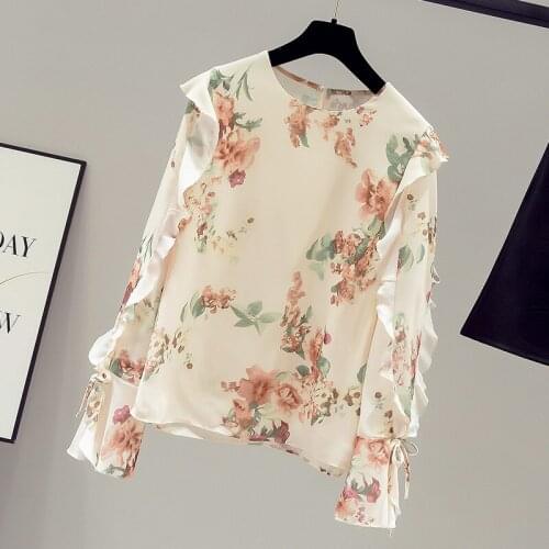 Chiffon Floral Women Blouse Summer New 2021 O-Neck Ruffles Long-Sleeved Loose Elegnat Office Lady Pulls Outwear Tops