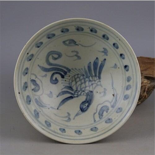 Yuan Dynasty Blue And White Hand-Painted Single Phoenix Figure Bamboo Hat Bowl