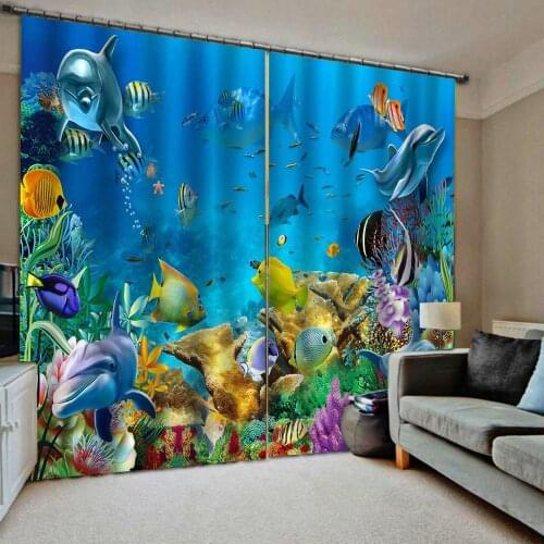 Stereoscopic curtains 3D Curtain Luxury Blackout Window Curtain Living Room ocean underwater curtains blue curtain