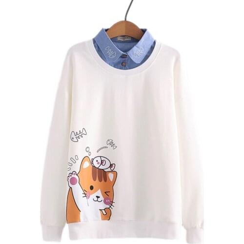 Kawaii Anime Cat Printed Sweatshirt Girls Cute Cartoon Graphic Vintage Hoodie Female Japan Preppy Long Sleeve Pullover Top Women