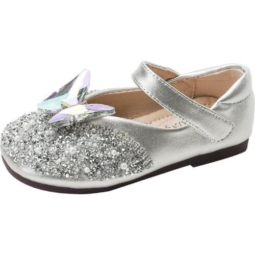Princess Kids Leather Shoes Girls Flower Casual Glitter Children Flat Bottom Girls Shoes Butterfly Knot Gold Silver Kid Shoes