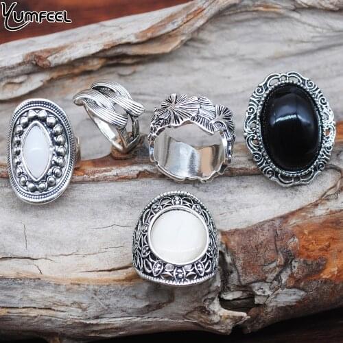 Yumfeel New Bohemia Vintage Boho Jewelry Rings Mixed Lot Tibetan Silver Plated Ring 5pcs/Lot Bohemian Ring Women Vintage Jewelry