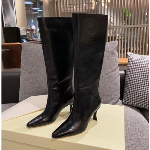 Falajoy Luxury Knee High Boots Pointed Toe Kitten Heel Genuine Leather Sexy Wide Calf Tall Boots for Women Quality Plus Size 10