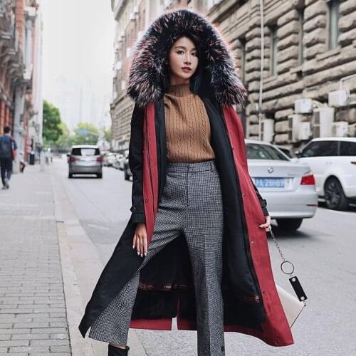 2021 New Womens Long Woman Knee Faux Raccoon Dog Big Fur Vest Collar Rex Rabbit Liner Detachable One Coat Manteau Femme Hiver