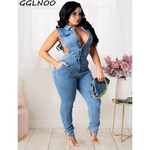 GGLNOO Women Denim Jumpsuit Hollow Out Sleeveless Turn-down Collar Single Breasted Stretchy Jumpsuits Fashion Outfit Summer