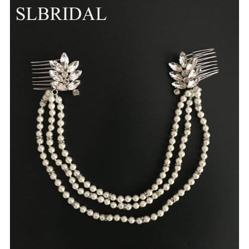 SLBRIDAL Silver Color Rhinestone Crystal Pearl Wedding Hair Comb Head Chain Bridal Headpieces Hair accessories Bridesmaids Women