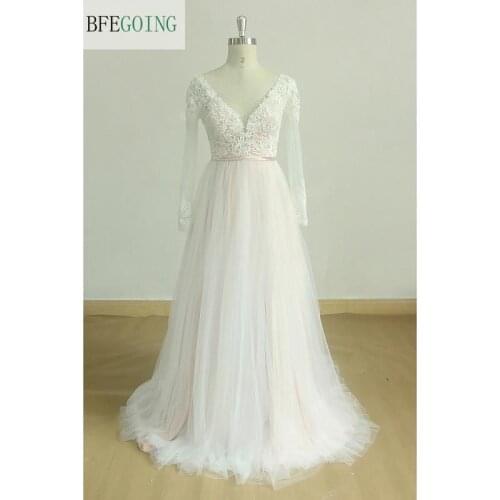 Ivory Tulle Lace Appliques V-Neck A-line Wedding Dress Court Train Long Sleeves Real/Original Photos Custom made