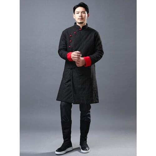 Winter Robe Mandarin Collar Mid-length Chinese Style Tang Suit Cotton-padded Linen Jacket Thicken Kung Fu Gown Tai Chi Parkas