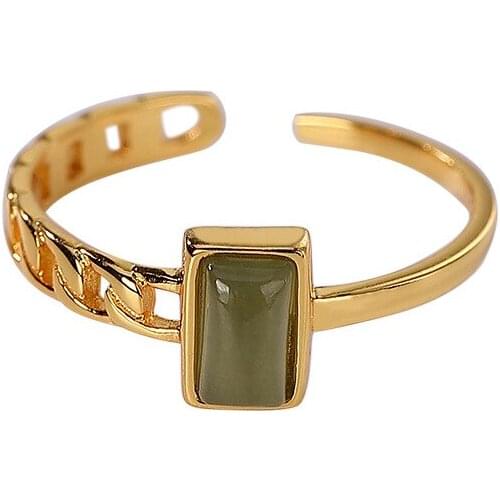 BAIFUMING 925 sterling silver gold plated natural Hetian gray jade ring retro simple woven square ladies ring