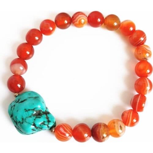 Natural Red Agates and Enhanced Turquoises Nugget Beads Bracelet Stretch BB-134